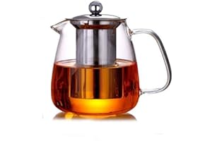 HIKENRI Teteras de vidrio con infusor extraíble, vidrio de borosilicato de High Caldera de té de hojas sueltas en forma cuadrada, 304 colador y tapa de acero inoxidable - Stovetop Safe - 500ML