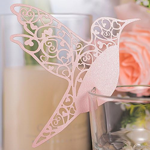 Premium 50pcs Wedding Place Table Name Cards 3D Laser Cut Birds Seating Card Party Wine Glass Cup Decoration for Bridal Baby Shower Engagement Birthday Tea Party Graduation Favor (Pink)