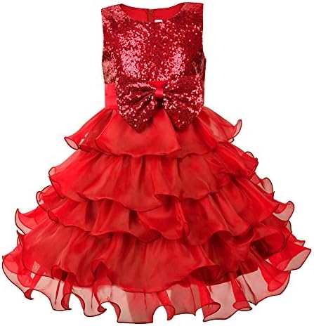 OKIDSO Party Dress for Girls,Cute Bling Sequins Dresses for Bridesmaid and Birthday,Size 4-8 Years (6-7 years old, Red)