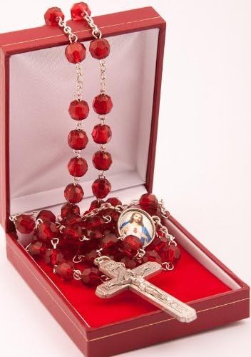 Red rosary beads. Boxed rosary. Jesus picture centre piece.