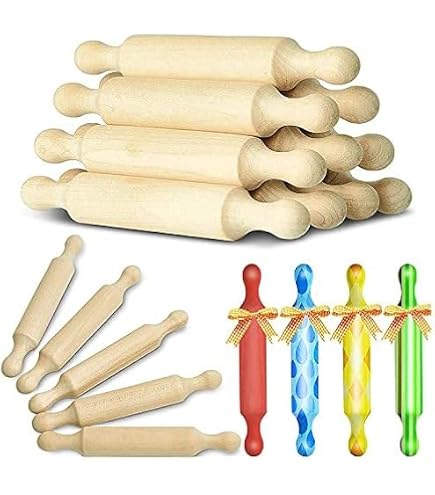 Lot De 6 Mini Rouleaux à Pâtisserie Bois + 3 Grattoirs Plastique Jaune – Idéal Pâte à Pizza, Dumplings, Gâteaux, Cuisine Maison