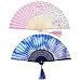 Produktbild 2 Stücke Folding Fans Hand Fans Bambus Fans mit Quaste Frauen Ausgehöhlten Bambus Hand Halten Fans für Wanddekoration, Geschenke (Blau Schmetterling und Rosa Kirschmuster)