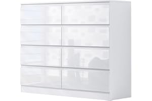 FWStyle White Gloss Large 8 Drawer Chest of Drawers. White Bedroom Furniture. Under drawer support bars. Scratch resistant.