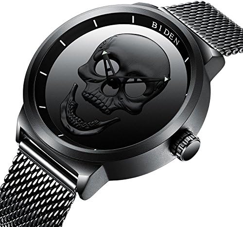 Mens Watch Stainless Steel Mesh Band Big Dial Watches Punk Stylish 3D Skull Quartz Analog Luminous Casual Wristwatch (Black-2)