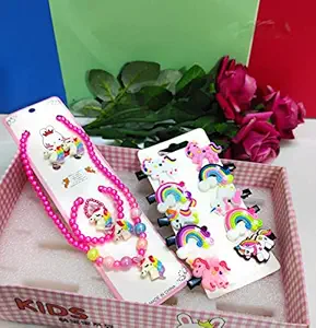 KIDOS JOY Naughty Unicorn Jewellery Set Combo / Necklace, Bracelet, Ring, Earrings Set with Unicorn Alligator Hair clip/ Birthday Party Outdoor accessories /Beautiful Unicorn Girls Combo) (DARK PINK)