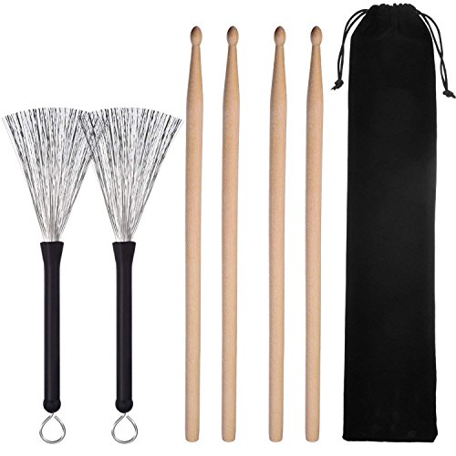 Un juego de 2 pares de palillos de 5 A y un par de alambres de tambor, un cepillo de madera retráctil clásico de madera de arce con bolsa de almacenamiento