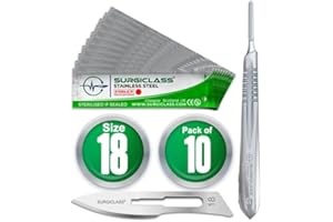 SURGICLASS Skalpellklingen Figur 18 aus Edelstahl 10 Stück steril + Skalpell-Halter - Edelstahl Perfekt für Holzkunst, Chirurgie, Bildhauerei, Laboranatomie, Kartenherstellung, Labortraining SURGIGR18-10
