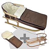 a) Holzschlitten inklusive Rückenlehne und Zugseil + b) Winterfußsack aus Lammwolle
