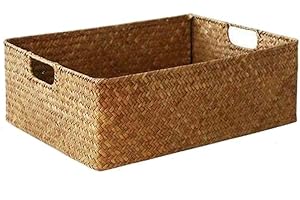 WANKD Rechteckiger Aufbewahrungskorb aus Seegras mit Griff, handgefertigter Aufbewahrungskorb, Patchwork-Rattan, Seegras, Bauch, Strohhalm, Garten Blumentopf, Wäschekorb, M-33X23X11CM