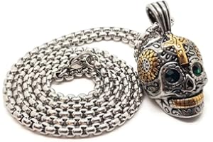 BOBIJOO Jewelry - Pendentif Homme Femme Tête de Mort Biker Maya Dorée Croix Acier Or Argent Vert Collier + Chaîne