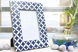 Handcrafted Wooden Table Photo Frame with Blue and White Geometrical Pattern for 4 by 6 inch Photo Size by House of Sajja