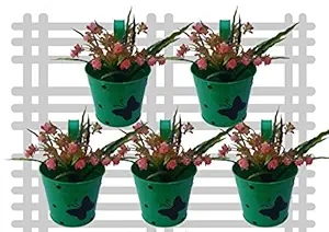 Royal Baskets Round 1 Butterfly Dotted Railing Planter / Plant pots (Green, Pack of 5)