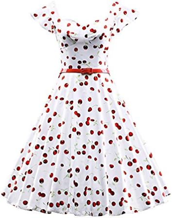 YouPue Women Vintage Cherry Print Dresses Sexy V-Neck Swing Retro Cocktail Party Swing Dress