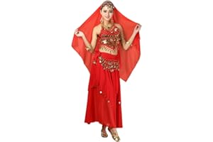Xinvivion 4 Piece Women Ladies Belly Dance Professional Costume Set Indian Dance Performance Outfit Suit (Red,Fit 35-45 KG)