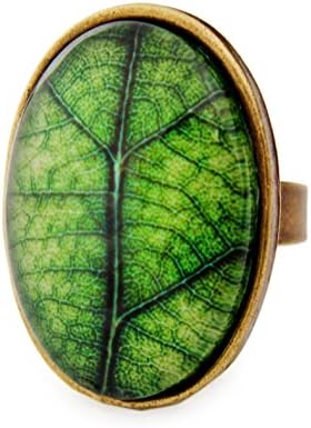 Ladies Ring Vintage Leaf Nature Cabochon 25x18 mm Green Bronze Adjustable