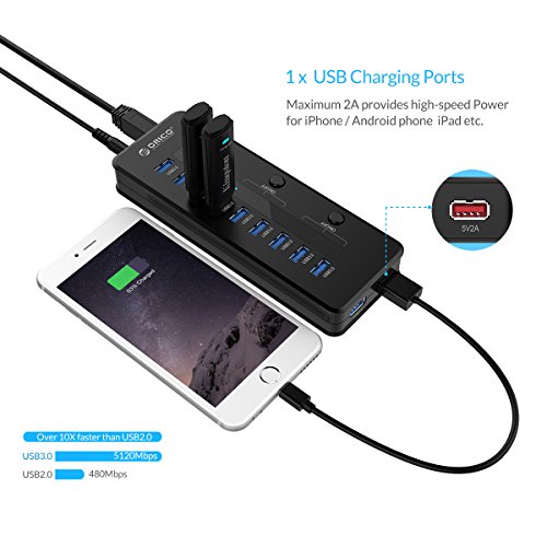 ORICO USB Hub (10 Ports, USB 3.0, 48W) mit Ladeport (2.1A Max), 3 elektronischen Schaltern, 12V 4A Netzteil – schnelles Ladegerät für iPhone iPad Samsung Galaxy – Highspeed Datenhub für Desktop-PC Computer Notebook MacBook iMac - 3