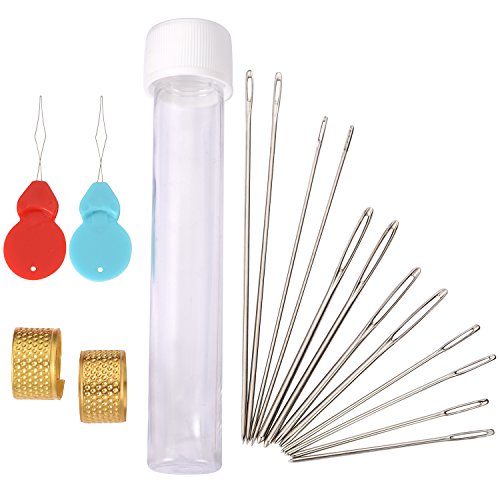 Outus Groß Auge Stumpfe Nadel Stahl Garn Sticknadel Nähnadel Kit mit Nadeleinfädler und Fingerhut, 5 Größen, 16 Stück