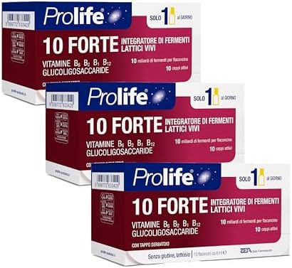 Prolife - 10 Forte, Integratore con 10 Miliardi di Probiotici per Flaconcino, 3 Pack da 10 Flaconcini da 8 ml, Ricco di Fermenti Lattici e Vitamine del Gruppo B