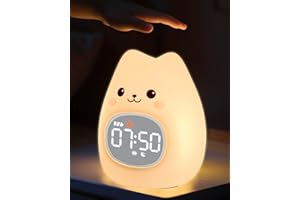 YILIAW Alarm Clock with Night Light for Kids, Sleep Training Clock with Sound Machine, Rechargeable Silicone OK to Wake Clock，Cute Animal Tabletop Lamp, Perfect Sleep Companion for Boys Girls, Cat