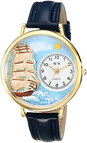 Whimsical Watches Sailing Navy Blue Leather and Goldtone Unisex Quartz Watch with White Dial Analogue Display and Multicolour Leather Strap G-0810001