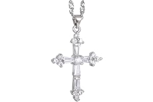 RIZILIA Crucifix Cross Pendant with 45cm(18") Chain & Trapezoid Cut Gemstones CZ in 18K White Gold Plated, Simple Modern Elegance