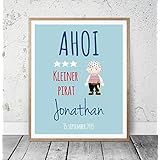 Kinderposter Namensbild mit Pirat - Geburtsdruck mit Wunschname und Geburtsdatum für Jungen, Geschenkidee zur Geburt, Taufe, Geburtstag; Kinderzimmer Wandbild personalisiert - ungerahmt
