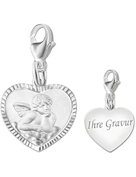 CLEVER SCHMUCK GRAVUR Siberner Anhänger als Charm Herz Engel innen matt mit Rand schmal diamantiert glänzend und...