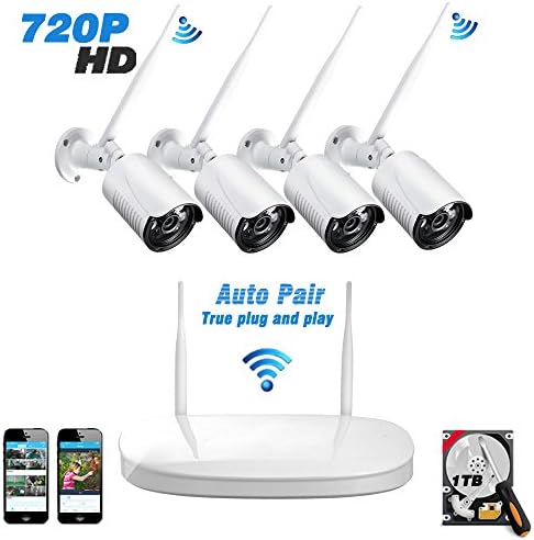 Ipccam 4PCs 720P Outdoor Bullet Camera with 4CH 1080P Output WiFi Wireless Security CCTV Surveillance System Network Video Recorder NVR Kit 25M Infrared Radiation IR Night Vision 1TB Hard Drive White