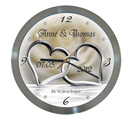 Hochzeitsgeschenk - Hochzeitsuhr modern, 30cm Durchmesser, Funkuhrwerk, Ihrem Wunschtext auf dem Ziffernblatt - Herzen