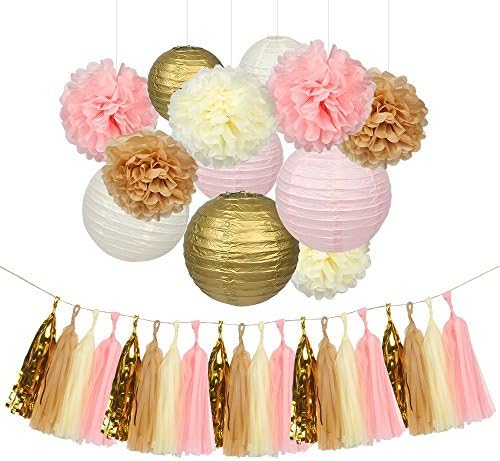 IMISNO 32 Pcs Ivory,Pink and Gold Tissue Paper Flowers Pom Poms Lanterns and Garland for Baby Shower Party Decoration,Perfect For Wedding Decor,Birthday Celebration,Table and Wall Decoration