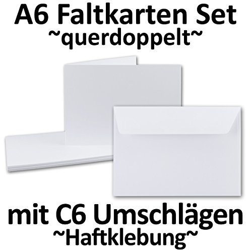DIN A6 Faltkarten SET Doppelkarten | querdoppelt-langdoppelt | inklusive Umschlag in DIN C6 | 50 Sets | Hochweiß / Kristallweiß | Einladungskarten - Menükarten - Blanko | 105 x 148 mm | formstabil | Printable für Drucker geeignet | PREMIUM Qualitätsmarke: NEUSER FarbenFroh