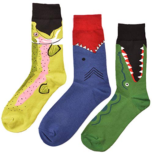 Oottati 3 Paires Homme Eu 40-47 Chaussette Skateboard Coton Requin Bleu De Crocodile Vert De Calmar Jaune