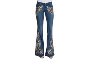 Sanahy Bell Bottom Jeans for Women Flared Floral Embroidered Jean Plus Size Wide Leg Denim Pants Low Rise Flare Leg Jeans for Women