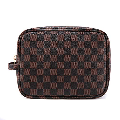 LOLOMODA Cuadros de lujo Bolsa de Maquillaje, Bolsa de Aseo Neceser de Viaje para Hombres y Mujeres, Cosmético de la PU del Cuero Vegano Bolsa de Viaje de Tocador Marrón