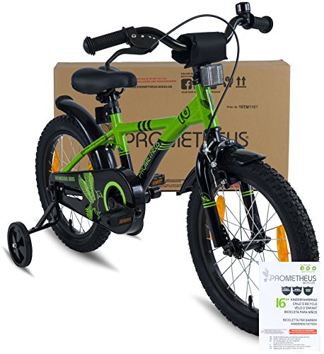 PROMETHEUS Kinderfahrrad 16 Zoll Jungen in Grün & Schwarz mit Stützrädern | Seitenzugbremse und Rücktrittbremse | ab 5 Jahren | 16“ BMX Edition 2017 - 2