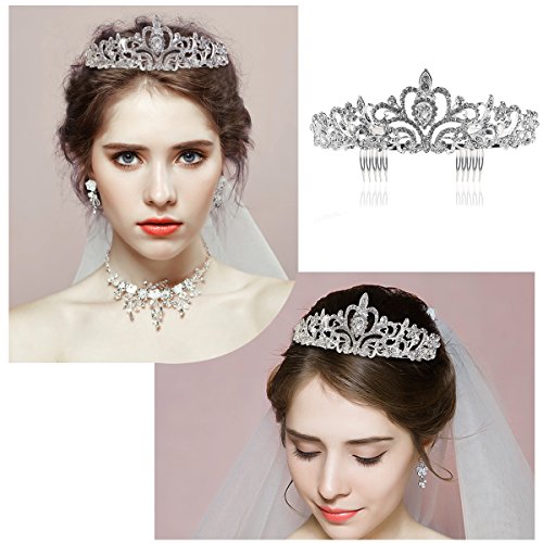 Tinksky Hochzeit Tiara mit Kamm leuchtenden Kristall Strass Braut Tiaras Stirnband (Silber) - 6