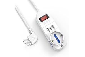 Mscien Multipresa con 1 Polivalenti e 2 Bivalenti 10/16A, 3 Porte USB (2USB+1USBC), Viaggia stile, piccolo, nuovo stile, Bianco, 2500 W, 250 V, Cavo 1,5 metri