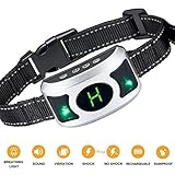 【Cuello automático inteligente para perros】: El último collar sin corteza 2018 tiene 3 niveles de sensibilidad ajustables (L / M / H) y 3 modos de parada de ladrido (pitido, vibración, Sk inofensivo) para dar a diferentes tipos de perros control eficaz de la corteza. Fácil de usar con pantalla LED grande para facilitar la lectura clara en la noche