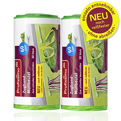 Zugband Müllbeutel – 60 Liter – Reißfest & Flüssigkeitsdicht – 60 Stück (2 x 30 Stück) – Einfach einzeln entnehmbar ohne abreißen - 2