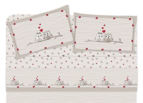 comprare on line Completo lenzuola gufi gufetti - lenzuolo 100% puro cotone (beige, matrimoniale) prezzo