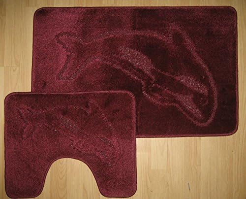 Burgundy Dolphin Bath Mat &amp; Pedastal Mat Set 2 Piece Non Slip Shower Toilet Floor Mats Bathroom Rug