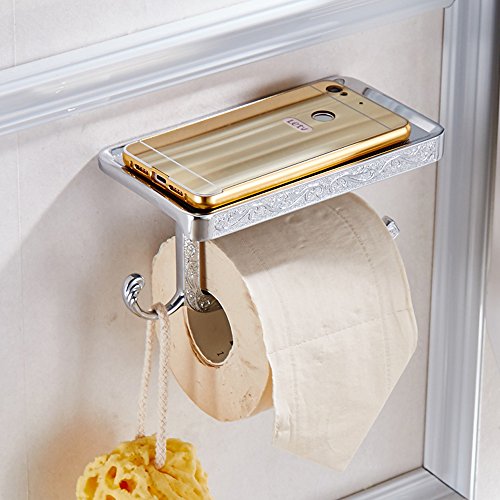 Weare Home Dekorativ Luxus Antik Vintage Wandmontag Bohren Geschnitzt Silbern Toilettenpapierhalter Handyhalter mit Haken aus hochwertig Legierung Chrom finished für Badezimmer Dusche Küche - 3