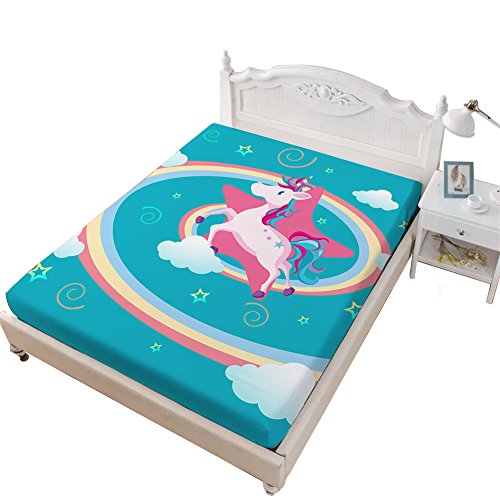 Hsign Fitted Sheet Single Blue Sheet Cartoon Unicorn Bed Sheet