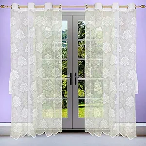 Linenwalas Elegant Damask Design Sheer Door Curtains with Eyelet Rings for Living Room Bedroom Balcony - White - Set of 2 Panels - 4.5ft x7ft