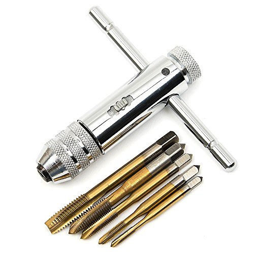 Fortag 5tlg Gewindebohrer Set HSS Rechte Hand Handgewindebohrer Satz Schälanschnitt Titan-beschichtet M3-M8+Werkzeughalter mit Knarre mit verschiebbarem Griff - 5