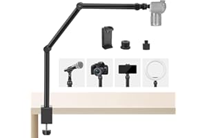 JEBUTU AS05 Tischstativ Kamera Overhead Stativ Handy, Klemmstativ Flexibel Gelenkarm Tisch Halterung mit mit 1/4" Gewinde, 3/8'' & 5/8" Schrauben Adapter für Kamera, Microphone, Tablet, Ringlicht