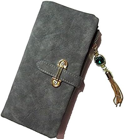 Women's Long Hippolo Wallet Wildleder Happy Drawstring Pocket Fringe Matinee Purse with Buckle Rhinestone Tassel Blue grey grey L(42)