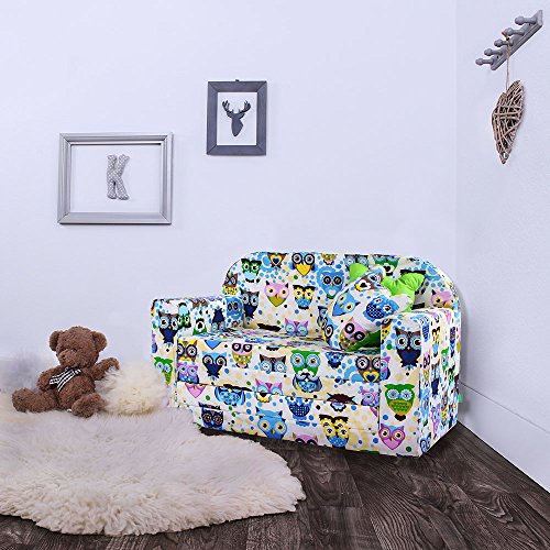 Preisvergleich Produktbild LULANDO Classic Kindersofa Kindercouch Kindersessel Sofa Bettfunktion Kindermöbel zum Schlafen und Spielen, Farbe:Eulen Blau