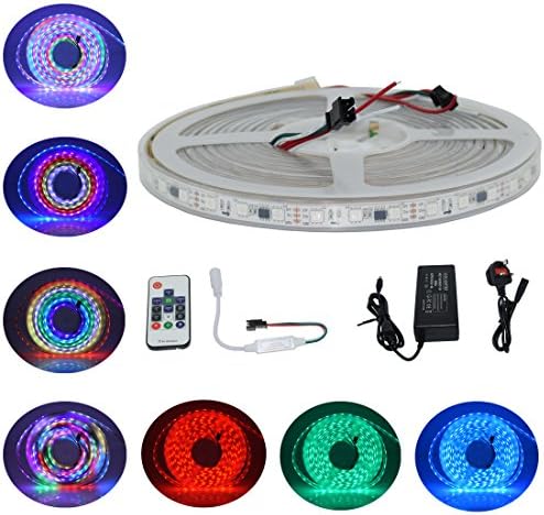 Aoshow WS2811 IC +RGB Dream Color LED Strip Light Kit 16.4FT(5M) 300LEDs 12V Waterproof IP67 + 14Keys 316Models Magic Color Controller + 12V 5A Power Supply - UK Plug