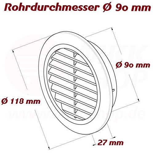 Lüftungsgitter Abschlussgitter rund Ø 90 mm braun mit Insektennetz Gitter ABS Kunststoff witterungsbeständig Insektenschutz - 8